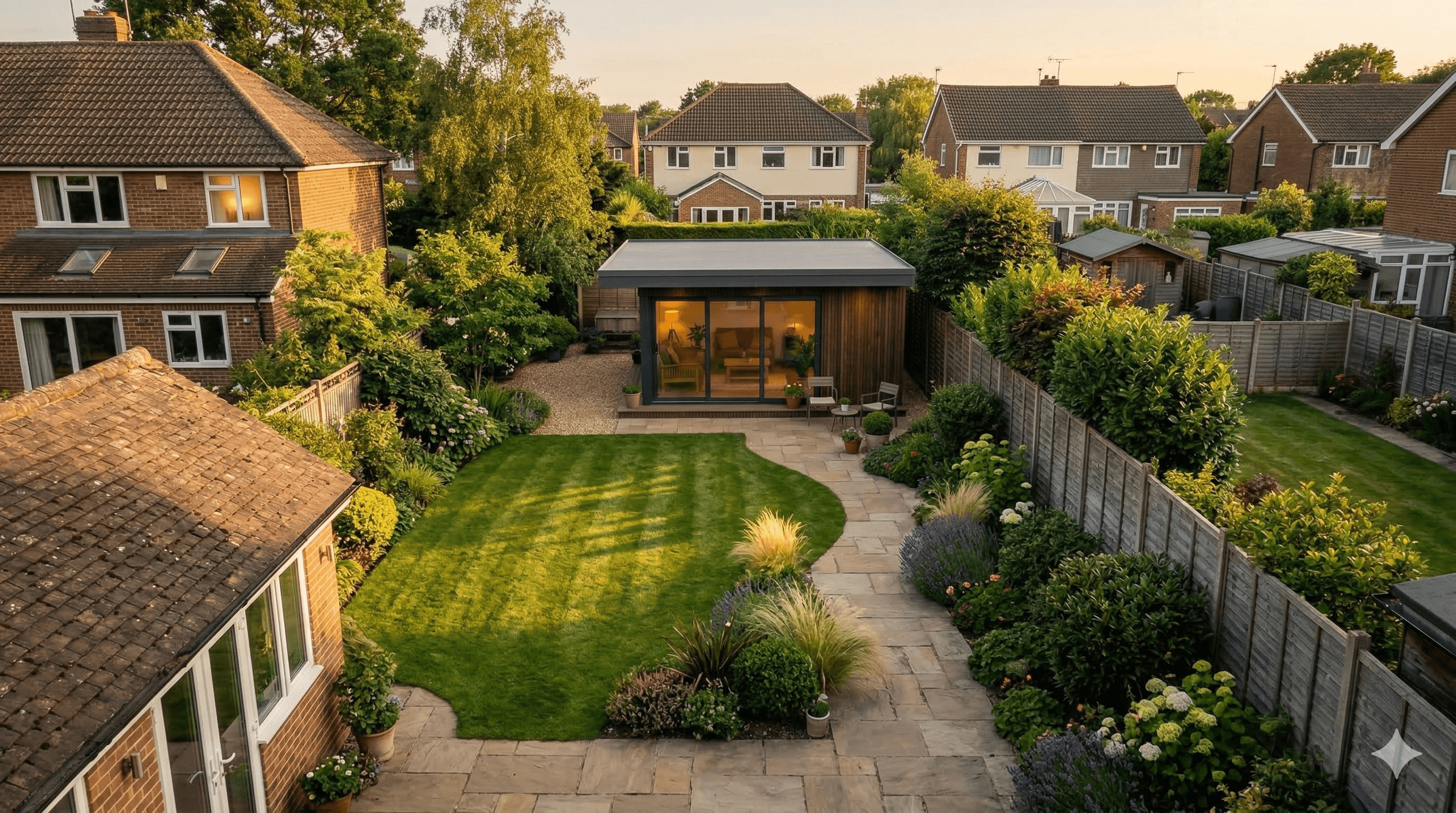 A modern garden room with timber cladding set in a landscaped garden